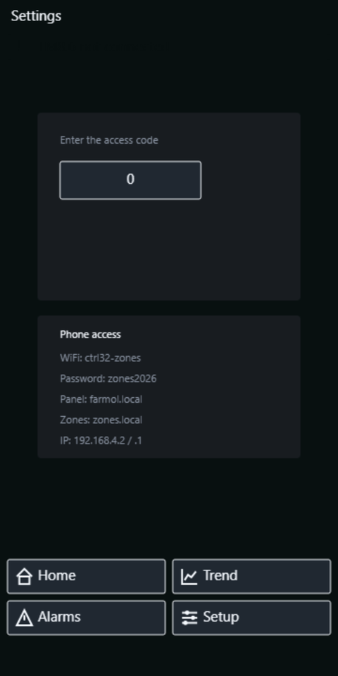 The mobile access-code page: the code field, no way in