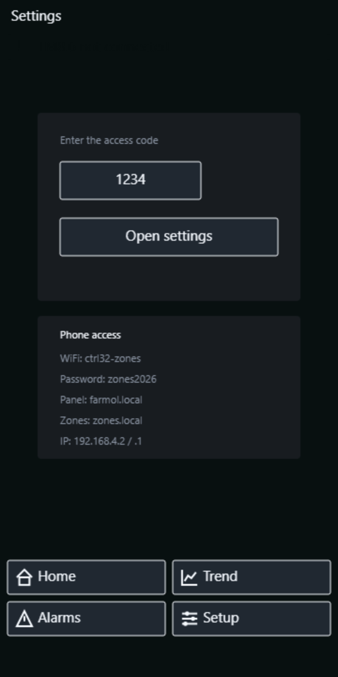 The mobile access-code page after the right code: the Open settings button has appeared