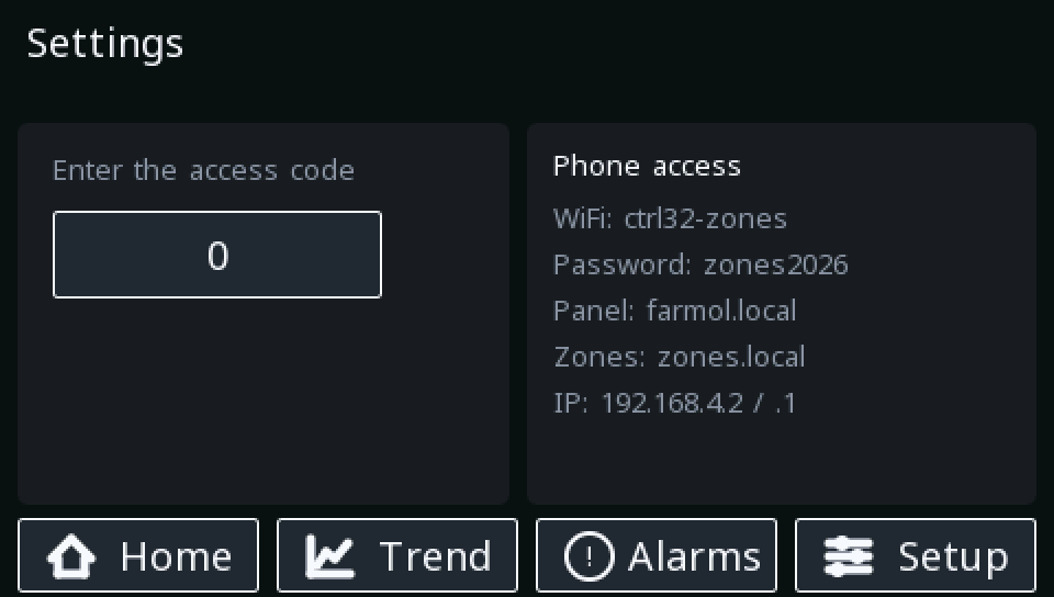 The access-code page: the code field on the left, the phone connection details on the right
