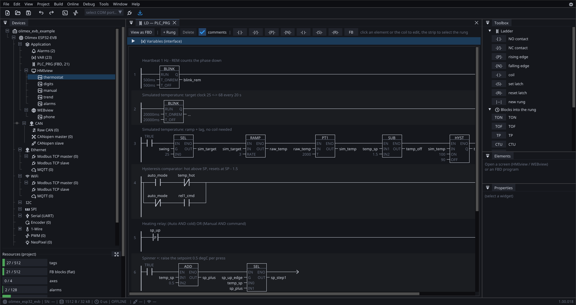 A thermostat in ladder: BLINK heartbeat, a simulated temperature branch, hysteresis and the heating relay