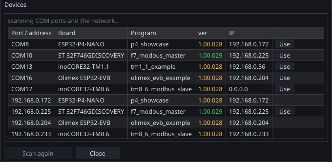 The scanner over a full bench: five boards on COM ports and four answering from the network, each with its program name and version