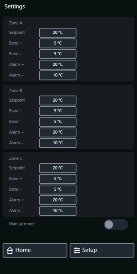 The mobile Settings page: the five variables per zone stacked, and the Manual mode switch