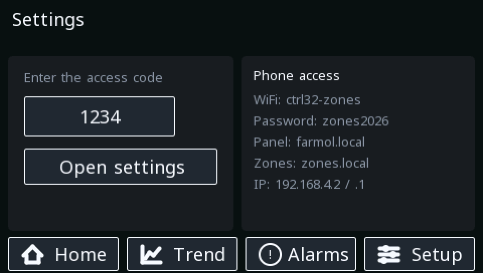 The access-code page after the right code: the Open settings button has appeared