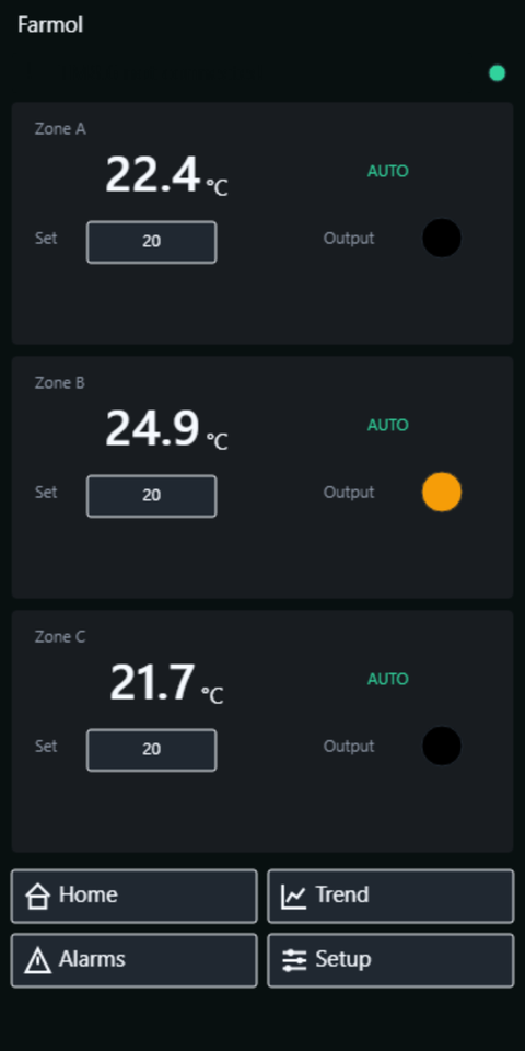 The mobile Home page in AUTO: stacked zone cards with the current temperature, the setpoint field, the AUTO badge and the output lamp