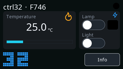 The main screen: temperature, switches, icons and the brand mark