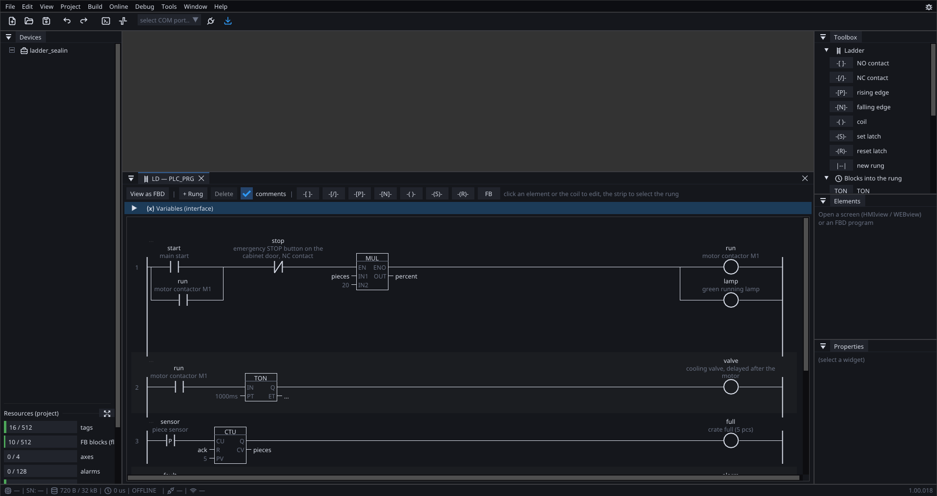 The seal-in example open in the ladder editor