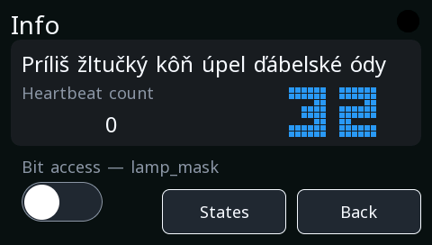 The info screen: a line of accented text, a counter, the brand mark and a bit switch