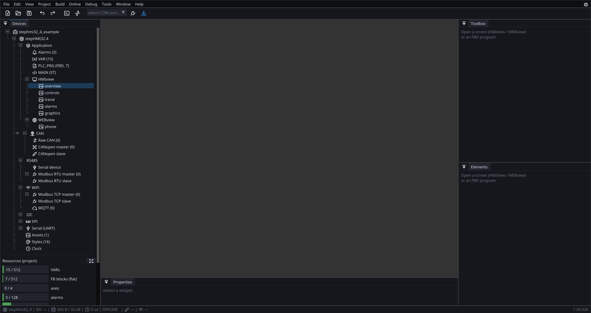The same editor with a stepHMI32.4 project open