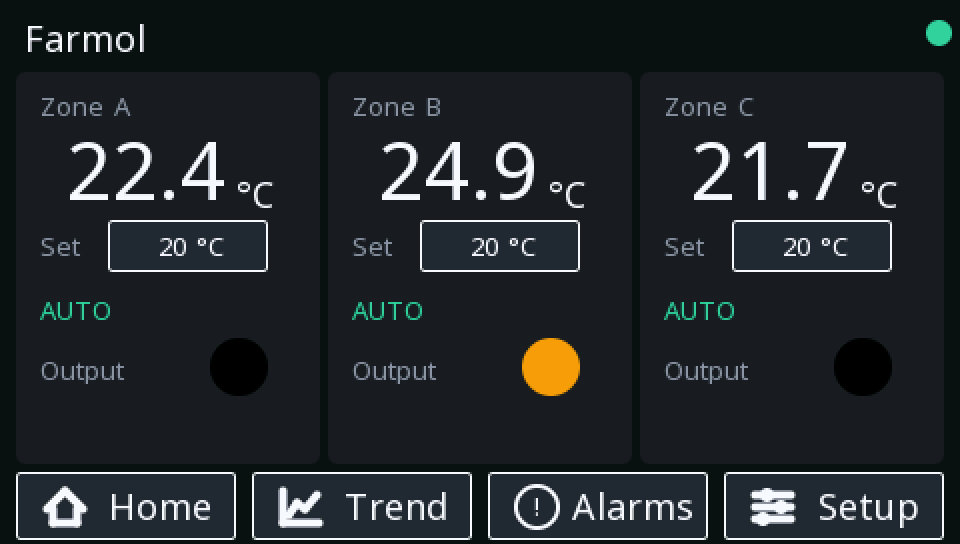 The Home page in AUTO: three zone cards with the large current temperature, the small editable setpoint, the AUTO badge and the output lamp; zone B is heating