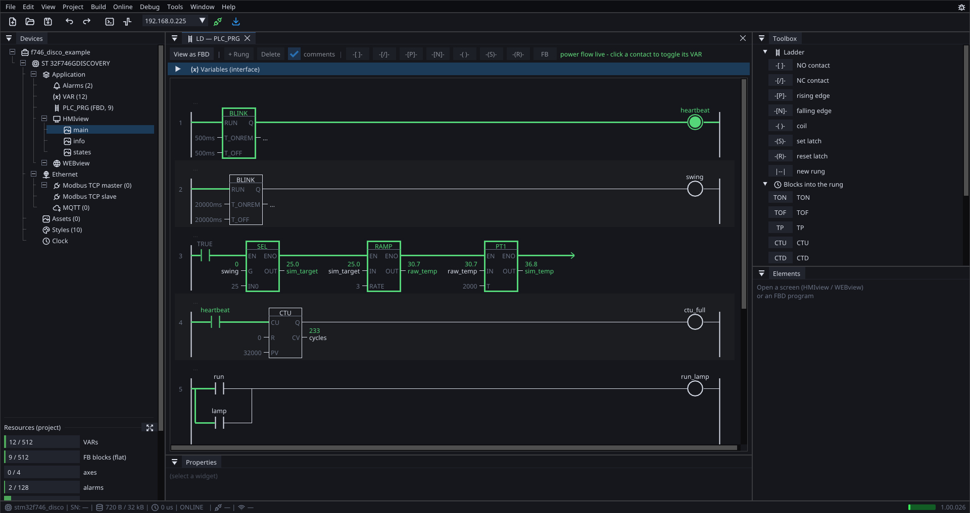 The same rungs with live values from a running board: green power flow, 233 cycles counted