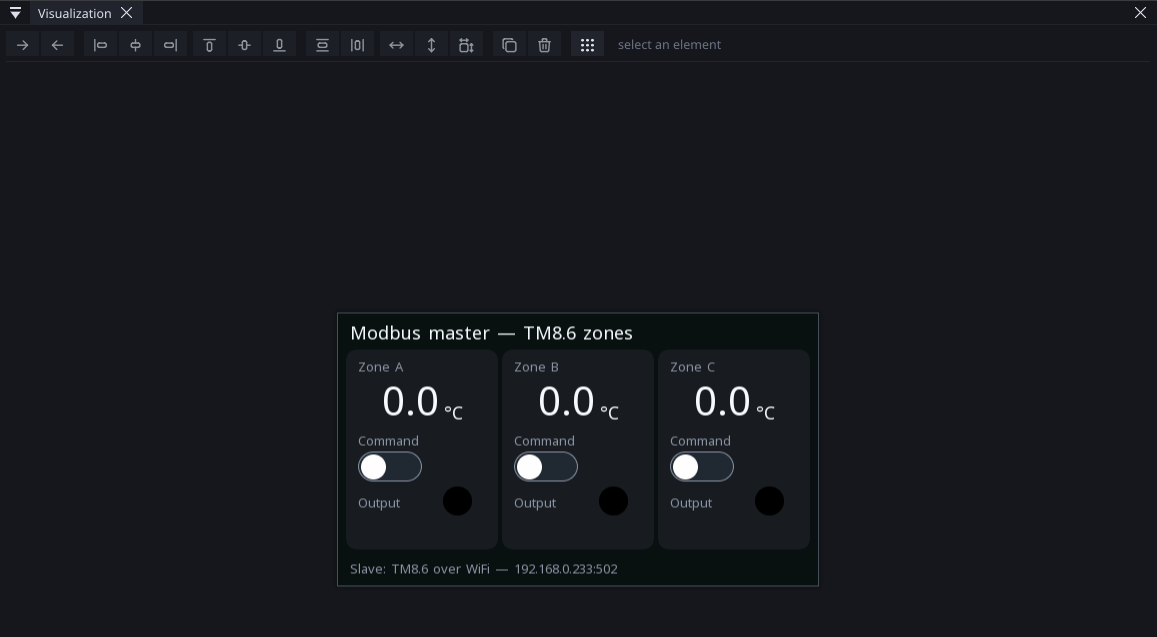 The master's screen in the editor: three zone cards, each with the temperature, a command switch and an output LED
