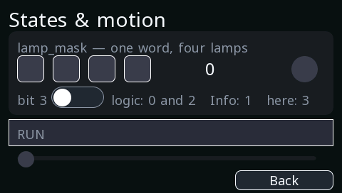 The states screen: four lamps on four bits of one word