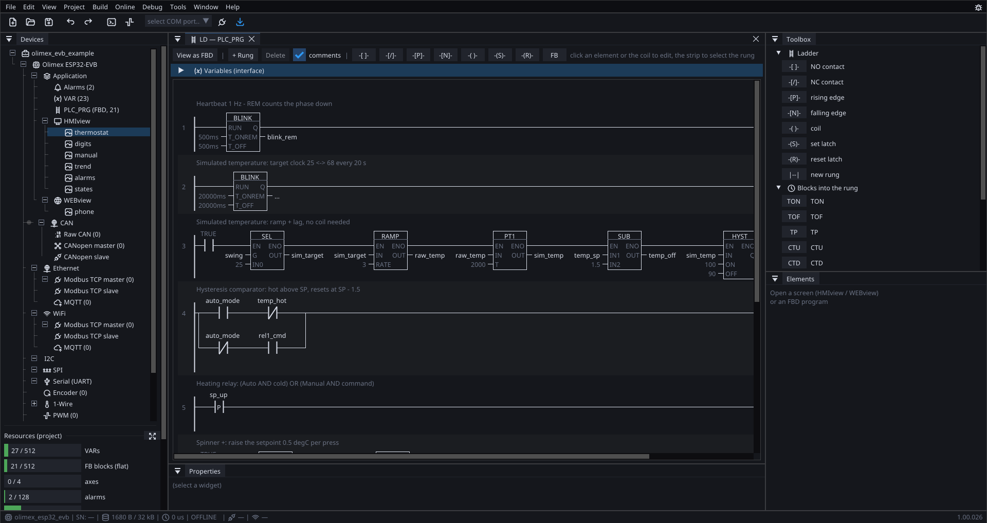 The ladder editor: five rungs of the thermostat, blocks in the rungs
