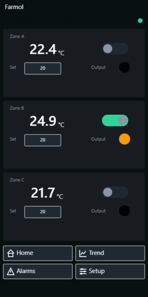 The mobile Home page in MANUAL: the command switches replace the AUTO badges; zone B is commanded on