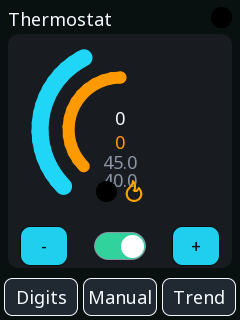 The thermostat screen: a gauge, the setpoint, and the buttons
