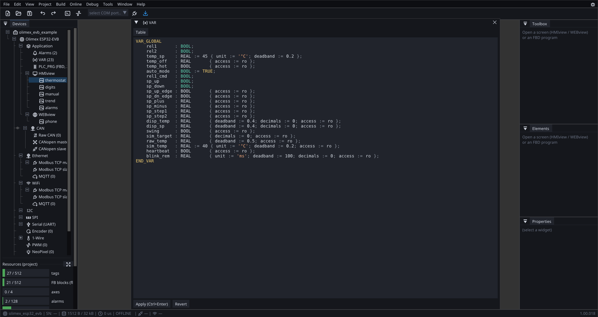 The variable list of the thermostat example — types, units, deadbands and access in one declaration block