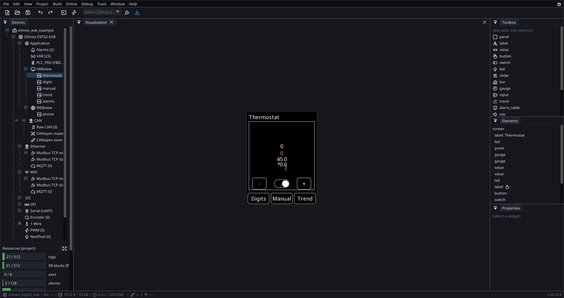 A thermostat screen on the canvas, the widget toolbox on the right