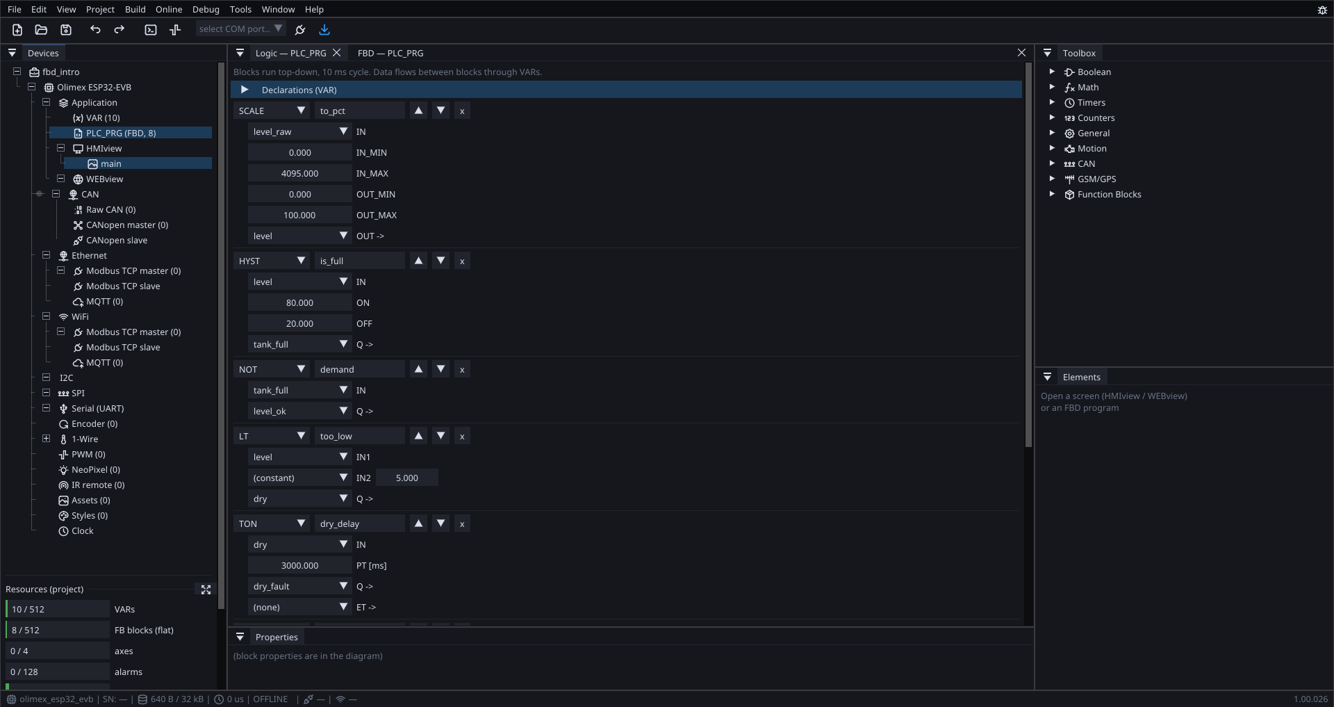 The FBD editor: SCALE, HYST, NOT, LT and TON wired through named variables
