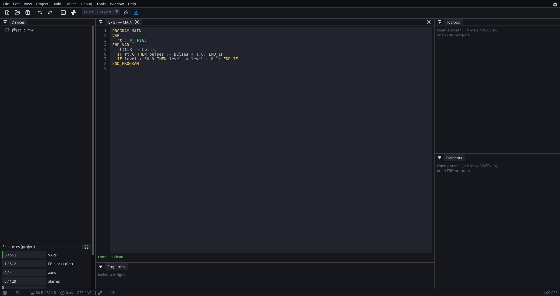 The ST editor with syntax highlighting and "compiles clean" in the status bar