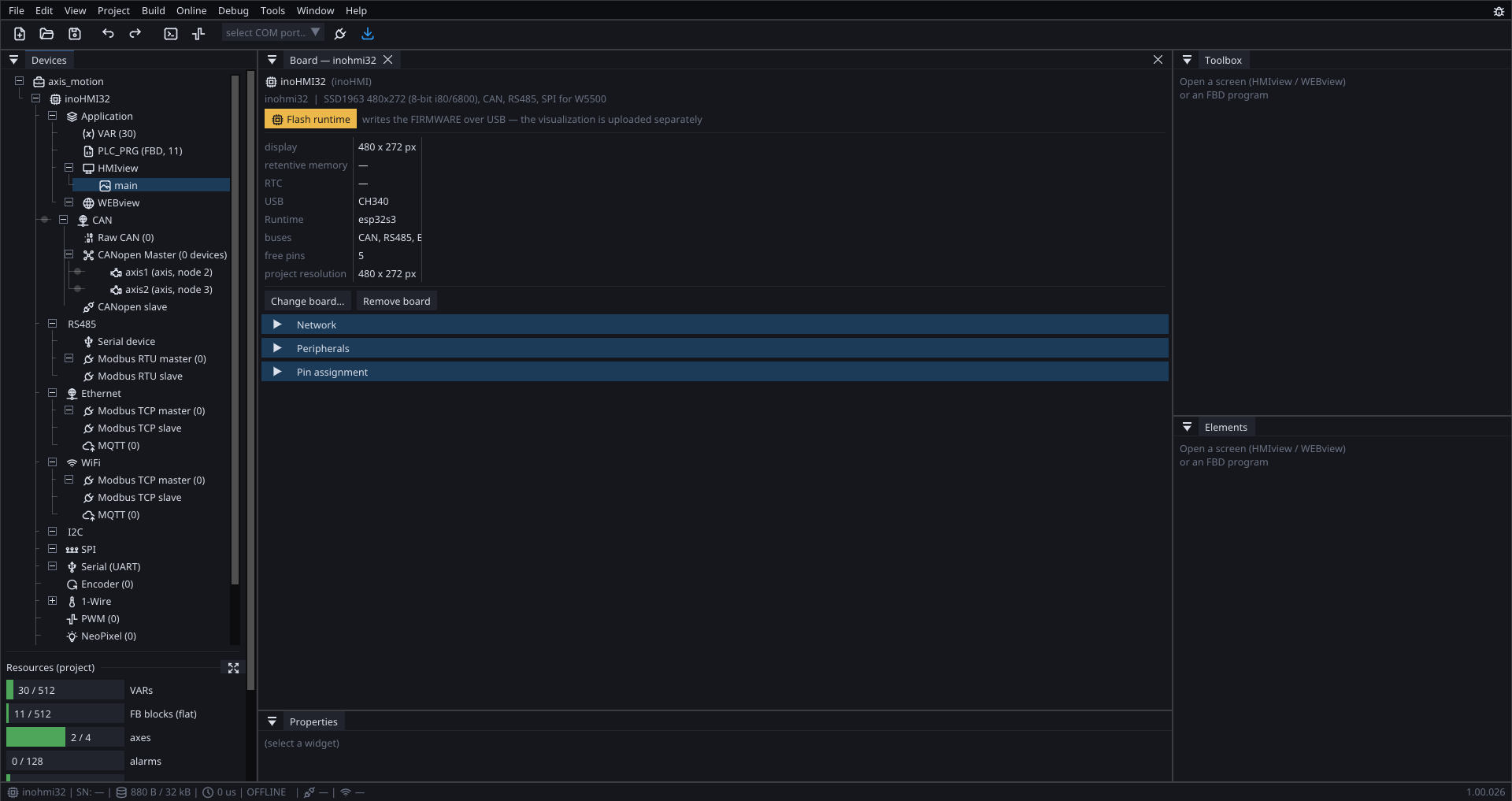 The board page with the CANopen master, its nodes and their objects